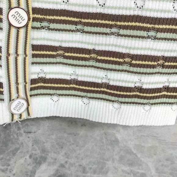 Miu Miu White, Olive & Brown Striped Short‑Sleeve V‑Neck Cardigan - Picture 8 of 9